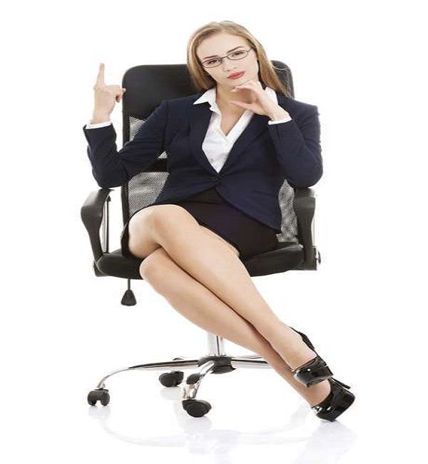 Beautiful caucasian business woman sitting on a chair and advertising. Isolated on white.